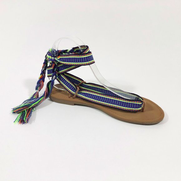 EUC  Braided Ribbon Ankle Tie Flat Thong Sandals - Picture 5 of 11